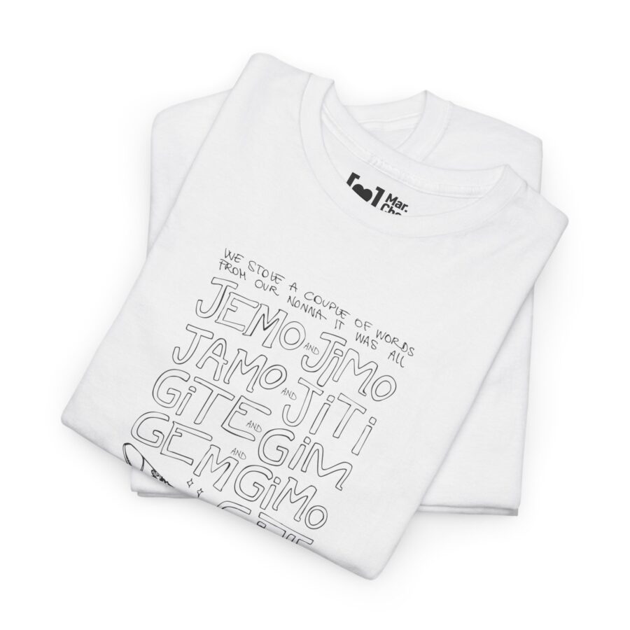 T-shirt unisex “Jemo, Jimo, Jamo and Polvero” – verbo andare in dialetto marchigiano e stile punk